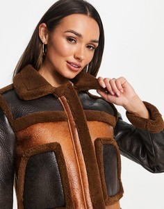 Коричневая укороченная куртка из искусственной кожи с отделкой из искусственного меха в стиле колор блок French Connection Belle-Разноцветный