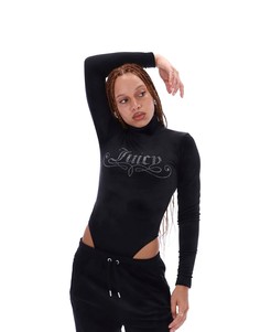 Черное велюровое боди с высоким воротником и отделкой стразами Juicy Couture-Черный цвет