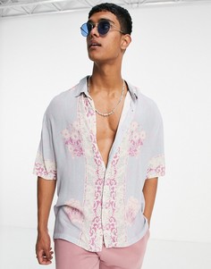 Синяя рубашка из вискозы в стиле oversized с винтажным принтом Topman-Голубой