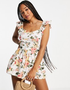 Ромпер на бретельках с оборками и с цветочным принтом Miss Selfridge-Белый