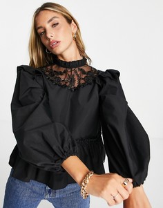 Черный топ из поплина с вышитой кокеткой River Island-Черный цвет