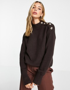 Коричневый удлиненный джемпер с пуговицами на вороте River Island-Коричневый цвет
