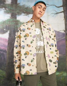 Свободная oversized-рубашка с мультяшным принтом грибов ASOS DESIGN-Светло-бежевый цвет