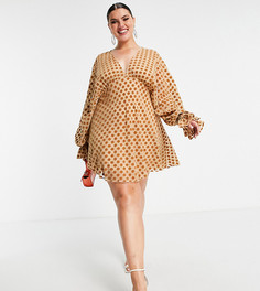 Платье мини с пышными рукавами с эластичными манжетами и бархатистым флоковым принтом в горошек ASOS DESIGN Curve-Коричневый цвет
