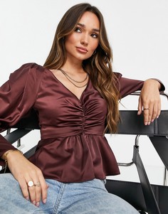 Блузка винного цвета с длинными объемными рукавами и сборками спереди ASOS DESIGN-Бесцветный