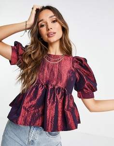 Бордовый топ из тафты с короткими объемными рукавами ASOS DESIGN-Красный