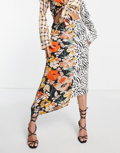 Атласная юбка миди с комбинированным принтом ASOS DESIGN-Разноцветный