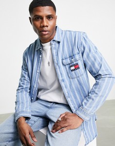 Джинсовая рубашка в полоску цвета синего индиго с логотипом-флагом Tommy Jeans-Голубой
