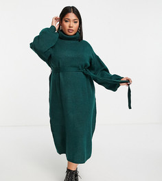 Темно-зеленое вязаное платье миди с отворачивающимся воротником и поясом ASOS DESIGN Curve-Зеленый цвет