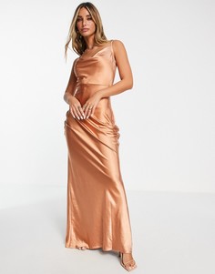 Атласное платье макси цвета корицы со свободным воротом Pretty Lavish Keisha-Коричневый цвет