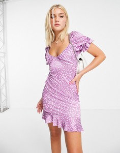 Атласное фиолетовое платье мини с чашечками и цветочным принтом ASOS DESIGN-Разноцветный