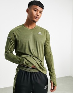 Лонгслив со светоотражающей отделкой цвета хаки adidas Running-Зеленый цвет