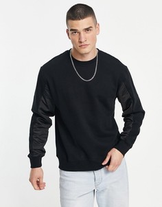 Черный свитшот с нейлоновыми вставками на рукавах Topman-Темно-синий
