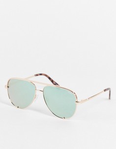 Женские очки-авиаторы мини без оправы с дужками цвета розового золота и мятно-зелеными линзами Quay High Key-Золотистый