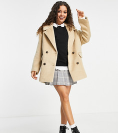 Бежевое двубортное пальто ASOS DESIGN Petite-Коричневый цвет
