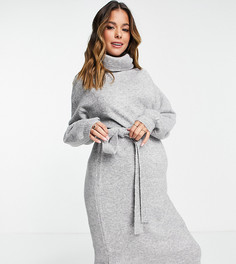 Серое вязаное платье миди с высокими воротником и поясом ASOS DESIGN Maternity-Серый