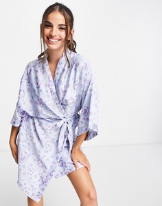 Атласный халат голубого цвета с принтом Cotton:On-Голубой