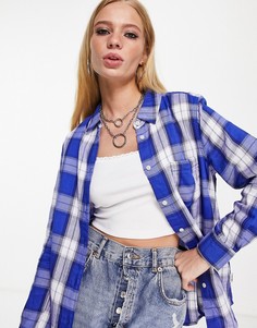 Рубашка фирменного синего цвета в клетку с длинным рукавом и карманом Wrangler-Голубой