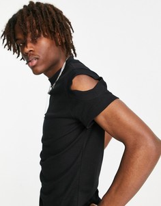Черная облегающая футболка из вафельного трикотажа с вырезами на плечах ASOS DESIGN-Черный цвет