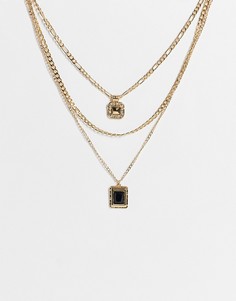 Золотистое ожерелье в несколько рядов с подвеской с черной вставкой Topshop-Черный цвет