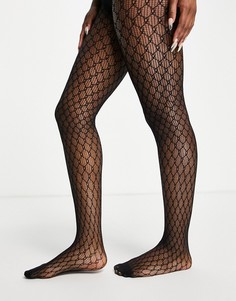Черные колготки в сеточку с монограммой ASOS DESIGN-Черный цвет