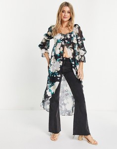 Шифоновая блузка с завязками спереди и цветочным принтом Miss Selfridge-Черный цвет
