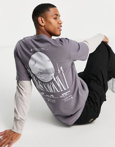 Двуслойный лонгслив в стиле oversized серого цвета с принтом на спине Jack & Jones Originals-Серый