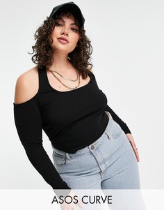 Черный кроп-топ с длинными рукавами и бретелью через шею ASOS DESIGN Curve-Черный цвет