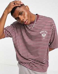 Oversized-футболка в белую и бордовую полоску с теннисной вышивкой ASOS DESIGN-Красный