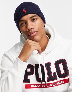 Шерстяная шапка-бини темно-синего цвета с логотипом в виде лошади Polo Ralph Lauren-Темно-синий