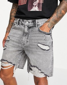 Рваные джинсовые шорты узкого кроя серого цвета Bershka-Серый