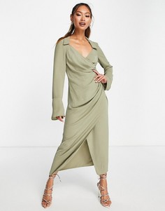 Платье миди цвета хаки с запахом и драпировкой спереди в стиле 70-х ASOS DESIGN-Зеленый цвет