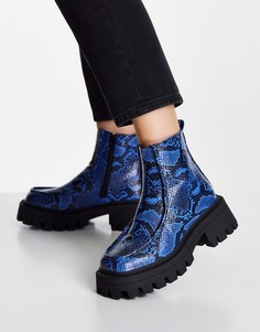 Синие ботинки со змеиным принтом в стиле лоферов на толстой подошве ASOS DESIGN Anaconda-Голубой