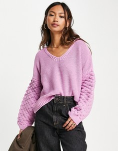 Розовый джемпер с V-образным вырезом и фактурными рукавами ASOS DESIGN-Розовый цвет