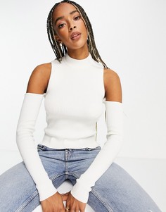 Светло-бежевый топ с длинными рукавами и вырезами Bershka-Белый