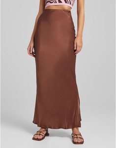 Атласная юбка миди шоколадного цвета Bershka-Коричневый цвет