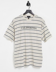 Светло-бежевая полосатая футболка с вышитой надписью "California" New Look-Нейтральный