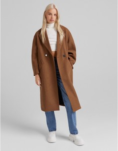 Длинное строгое пальто коричневого цвета Bershka-Коричневый
