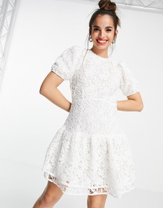 Белое платье мини с пышными рукавами и кружевом Miss Selfridge-Белый