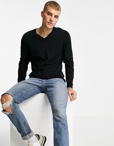 Черный хлопковый вязаный джемпер с V-образным вырезом ASOS DESIGN
