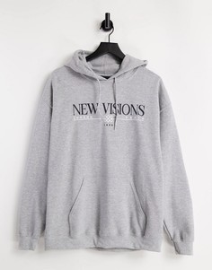 Серый худи с принтом "New visions" New Look