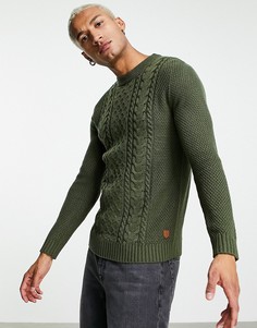 Вязаный джемпер с узором «косы» цвета хаки Jack & Jones Originals-Зеленый цвет