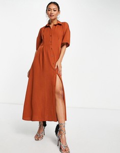 Рыжее платье-рубашка миди на пуговицах до талии ASOS DESIGN-Красный
