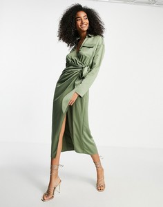 Атласное платье миди цвета хаки с запахом и воротником ASOS DESIGN-Зеленый цвет