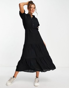 Черное ярусное платье миди с пышными рукавами Lola May-Черный цвет