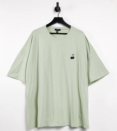 Зеленая футболка в стиле oversized с вышивкой в виде вишен New Look-Зеленый цвет