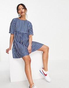Темно-синее платье мини в клетку с присборенной юбкой Urban Threads-Голубой