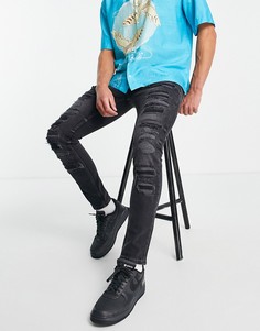 Эластичные зауженные джинсы черного выбеленного цвета с очень рваной отделкой Topman-Черный цвет