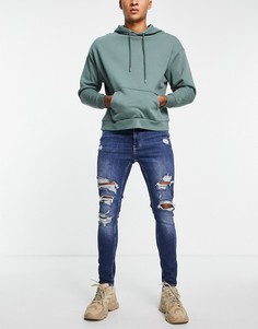 Синие супероблегающие джинсы с рваной отделкой и необработанными краями Bershka-Голубой