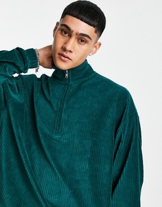 Темно-зеленый велюровый свитшот в рубчик в стиле oversized на короткой молнии от комплекта ASOS DESIGN-Зеленый цвет